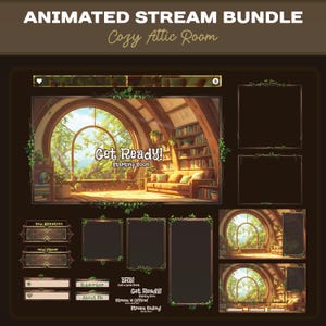 Cozy Animated Attic Room Stream Pack Twitch Overlay Panels, Chatbox,Banner, Webcam, Stinger Transition,Vtuber starter bundle seasons screens