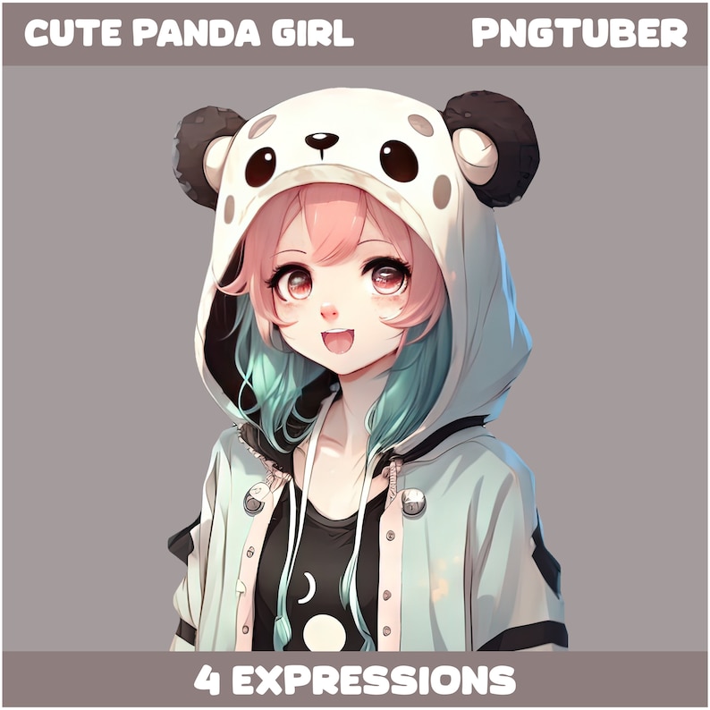 May include: A digital illustration of a cute anime girl with pink hair and blue eyes wearing a panda hoodie. The text "4 EXPRESSIONS" is at the bottom of the image.