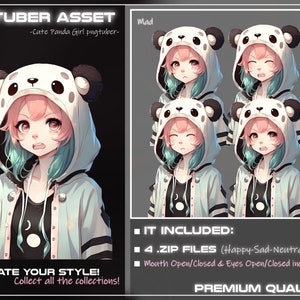 May include: A digital illustration of a cartoon panda girl with pink hair and a panda hoodie. The girl is shown with four different facial expressions: happy, sad, neutral, and mad. The image includes the text "VTUBER ASSET -Cute Panda Girl pugtuber- Mad" and "CREATE YOUR STYLE! Collect all the collections!"  "IT INCLUDED: 4.ZIP FILES (Happy-Sad-Neutral-Mad) Mouth Open/Closed & Eyes Open/Closed inclusive PREMIUM QUALITY"