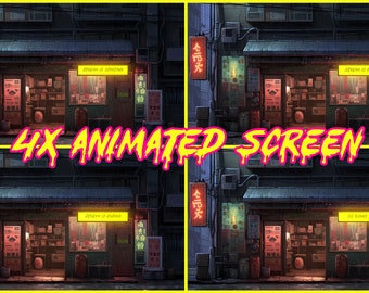 Animierte Cyberpunk Shop Bildschirme: Twitch Stream Overlay (4x .webm, .mp4, .png)