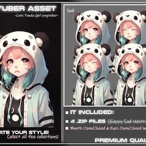May include: A digital illustration of a cartoon girl with pink hair wearing a blue and white panda hoodie. The girl has four different facial expressions: sad, happy, neutral, and mad. The image includes the text "VTUBER ASSET - Cute Panda Girl pugtuber -" and "CREATE YOUR STYLE! Collect all the collections!"