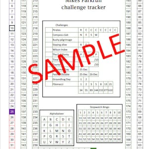 Op de afbeelding: Een uitdagingstracker getiteld "Mikes Parkrun" met verschillende uitdagingen en een stopwatch bingospel. De tracker bevat een alfabetgedeelte en een voorbeeldstempel in rood. Afmetingen in centimeters.