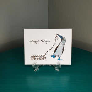 Carte d'anniversaire animal funky : fou à pieds bleus