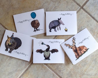 Set di biglietti di auguri di compleanno con animali funky: versione kiwi (5 design, 5 o 15 biglietti)