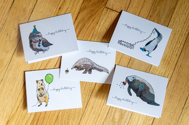 Pu&ograve; includere: Cinque diverse cartoline di auguri con animali illustrati e il testo "buon compleanno". Gli animali sono un gufo con un cappello da festa, un formichiere, una sula dalle zampe blu, un quokka che tiene un palloncino e un lamantino.
