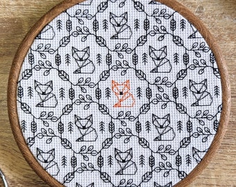 Fox Blackwork Cross Stitch Pattern – Modern Woodland PDF | Geometric Forest Animal Embroidery Design for Instant Download