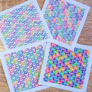 Blackwork mini optical illusions cross stitch patterns | Blackwork coasters | Variegated rainbow floss | Quick stitch sampler PDF