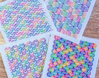 Blackwork mini optical illusions cross stitch patterns | Blackwork coasters | Variegated rainbow floss | Quick stitch sampler PDF
