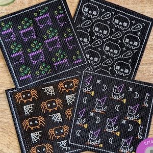 Halloween Blackwork-borduurpatronen: spinnen, heksenkat, schedels (pdf-download onderzetterontwerpen set 2)