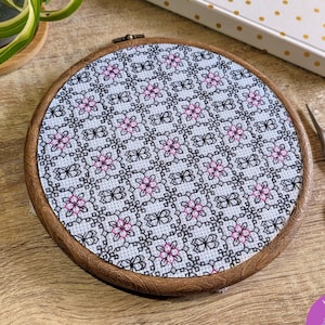 May include: A close-up of a round embroidery hoop with a black and white geometric pattern with pink accents. The hoop is on a wooden surface.