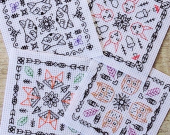 Woodland Animals Blackwork Cross Stitch Patterns | Raccoon, Fox, Owl, Squirrel Embroidery Patterns