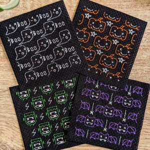 Halloween Cross Stitch Patterns #1 | 4 cute Halloween blackwork patterns samplers / coasters featuring Pumpkins, Ghosts, Frankenstein, Bats