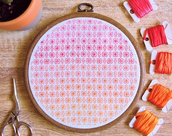 Modern color mindful Blackwork chart | Floral Sunset oval PDF blackwork pattern | Pink orange gradient flower art embroidery | 6 inch hoop