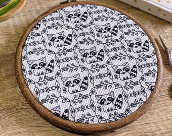 Raccoon Blackwork pattern PDF | Cute cross stitch raccoon trash panda | Embroidery pattern racoon with tree, leaves black work cross stitch