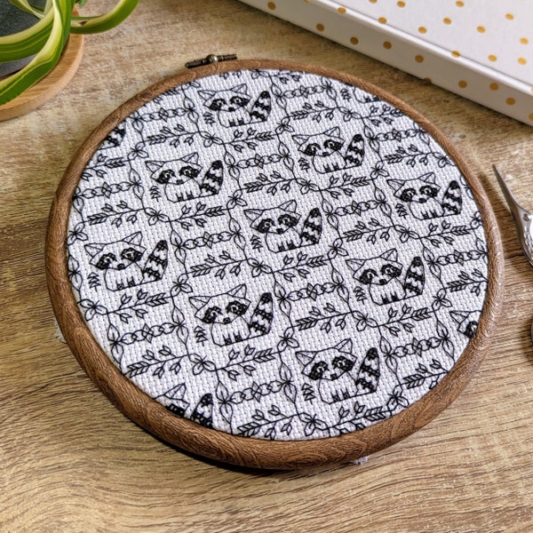 Raccoon Blackwork pattern PDF | Modern embroidery of a cute trash panda | Urban/wood racoon with trees leaves black work cross stitch
