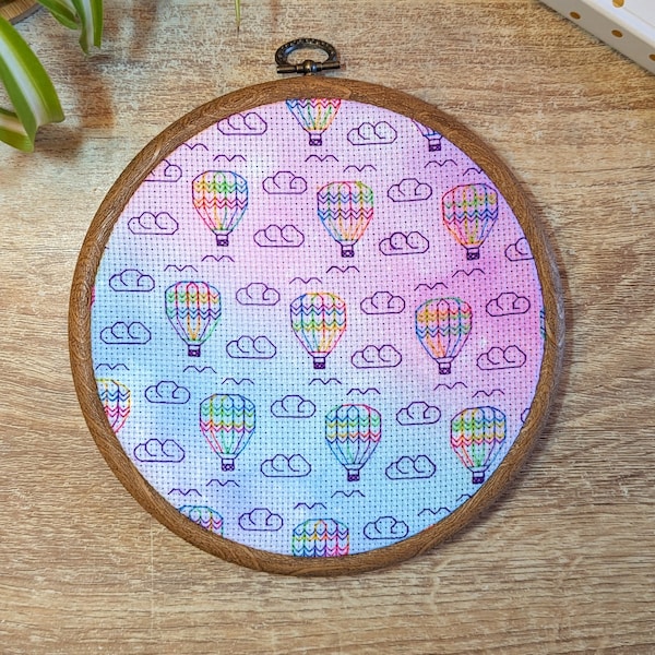 Hot air balloon blackwork embroidery pattern | Fun & colorful rainbow balloons floating amongst clouds | New born baby cross stitch gift
