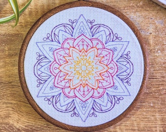 Blackwork Mandala Flower Embroidery Pattern | Geometric Cross Stitch (PDF Download)