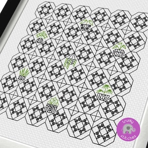 Patrón de mosaicos de plantas de interior en estilo blackwork: patrón de muestrario geométrico con plantas decorativas en macetas con hojas: descarga instantánea