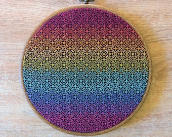 Blackwork Rainbows in the night sky | Geometric repeating pattern chart on black fabric | 8" modern art hoop embroidery | Download PDF