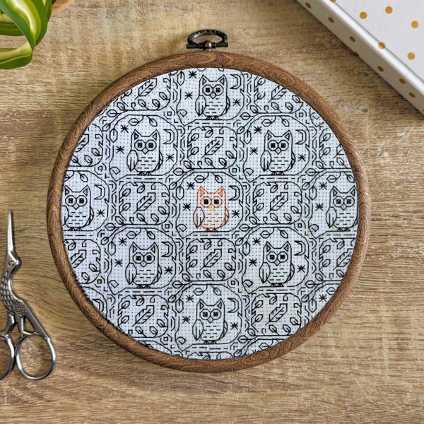 Woodland Owl Blackwork pattern PDF | Modern monochrome cross stitch, rainbow animal in forest | Tawny/Screech Owl in trees black work