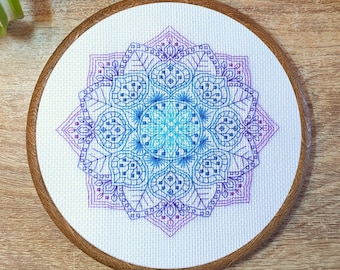 Mandala Flower Blackwork Pattern | Modern embroidery | Blue Purple gradient mandala Cross Stitch PDF Download