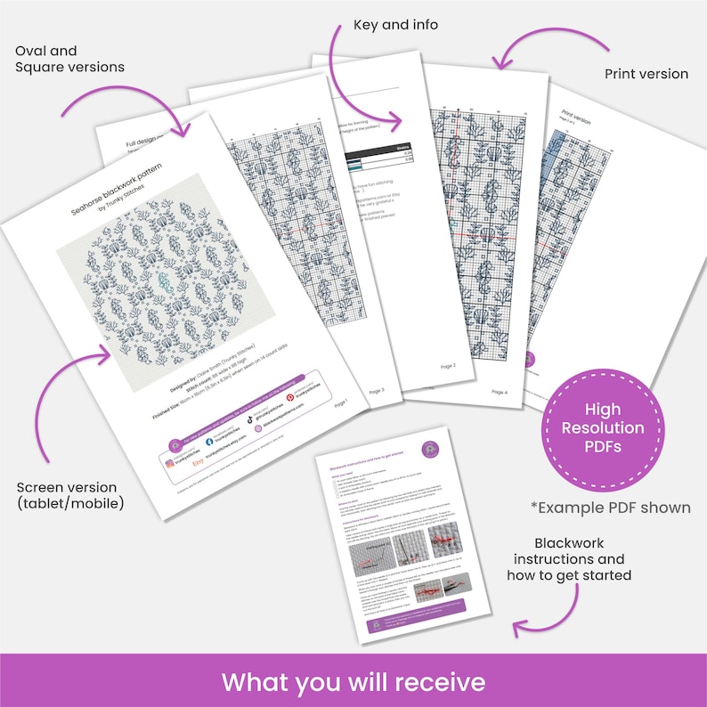 May include: A collection of printed PDF patterns for a seahorse blackwork design. The patterns include oval and square versions, screen versions for tablets and mobile devices, and print versions. The image also shows blackwork instructions and how to get started.