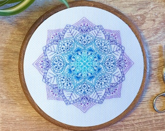 Blackwork mandala flower pattern | Ombre floral mandala cross stitch pattern | Blue and Purple design #4 | PDF download