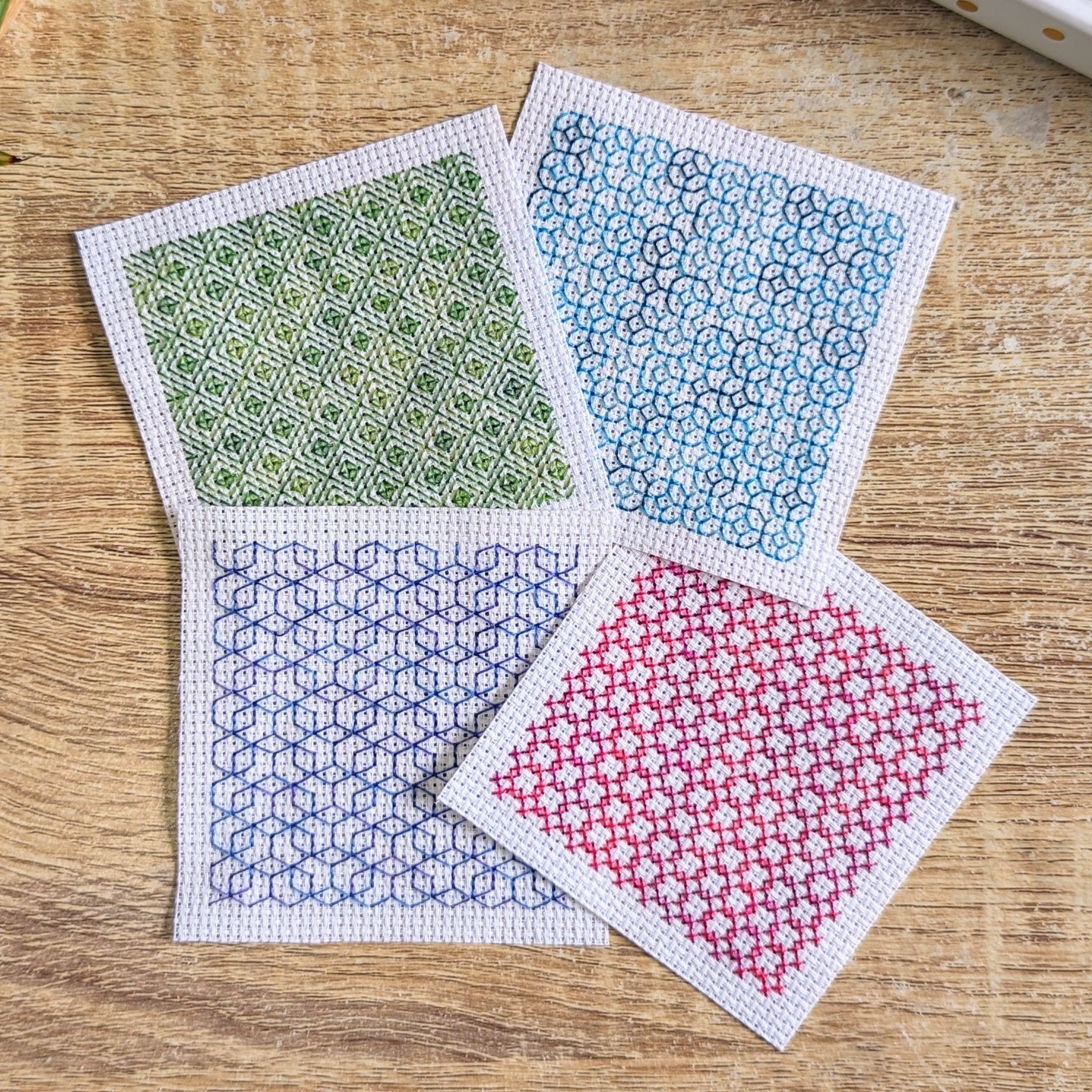 More optical Illusion Blackwork pattern samplers | Variegated floss geometric blackwork cross stitch patterns | Set of 4