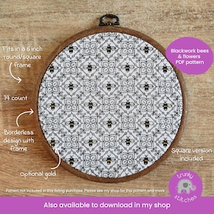 May include: A round embroidery hoop with a black and white geometric pattern featuring bees and flowers. The text says "Blackwork bees & flowers PDF pattern". The design fits a 6-inch frame and includes a square version.