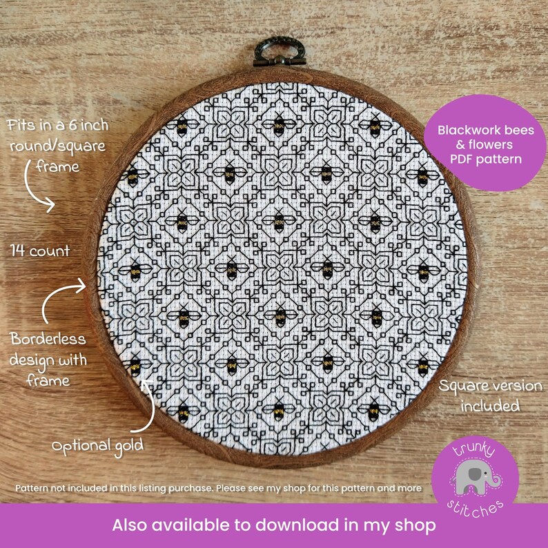 May include: A round embroidery hoop with a black and white geometric pattern featuring bees and flowers. The text says "Blackwork bees & flowers PDF pattern". The design fits a 6-inch frame and includes a square version.