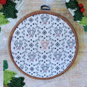 Red nosed reindeer Christmas cross stitch Blackwork pattern | Winter deer snowflake holiday chart | Handmade festive gift black work