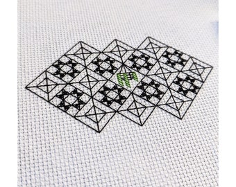 Blackwork houseplants mosaic tiles pattern - Geometric sampler pattern with decorative potted leafy plants - Instant download