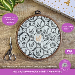 May include: A finished cross-stitch embroidery hoop with a geometric cat pattern in black and white. The hoop is on a wooden surface with a pair of scissors and a pink and white sign that says "trunky stitches". The text "3 cat colors included" and "PDF Download" are also visible.