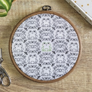 Frog Blackwork pattern with repeating dragonflies, lily pads & pond flowers | Modern cross stitch / backstitch | Cute froggy Black work PDF