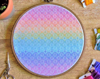 Blackwork cross stitch pattern | Rainbow geometric gradient embroidery | 8 inch hoop art | Instant download | Black work