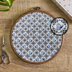 Blackwork blue butterfly pattern with flowers | Modern embroidery PDF pattern