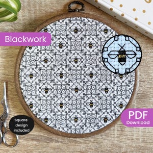 Bee cross stitch Blackwork pattern with repeating flowers | Modern monochrome geometric blackwork embroidery | Gold bumblebee black work
