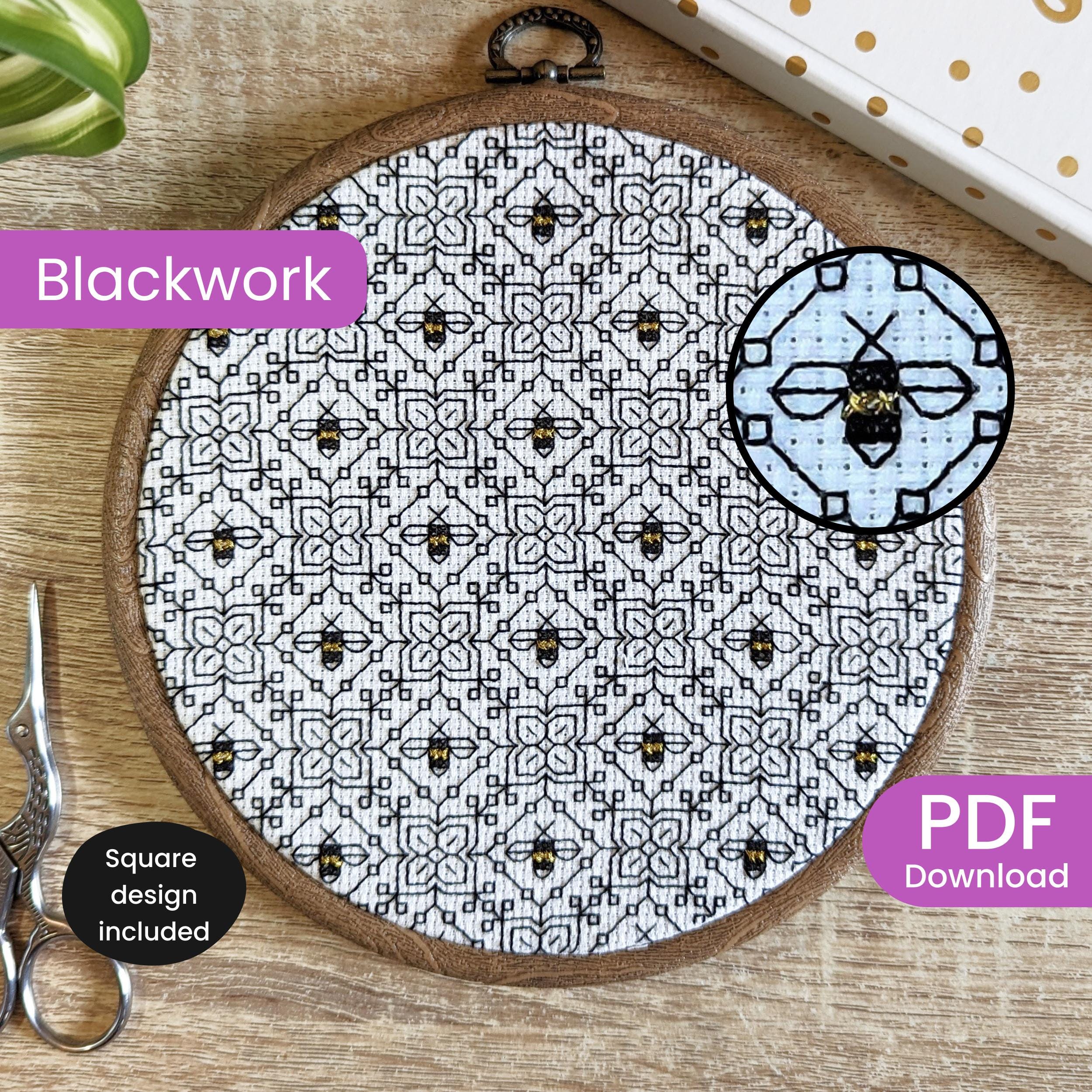 Bee cross stitch Blackwork pattern with repeating flowers | Modern monochrome geometric blackwork embroidery | Gold bumblebee black work