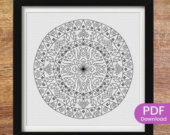 Aztec embroidery mandala pattern | Blackwork cross stitch needlework chart with full instructions PDF