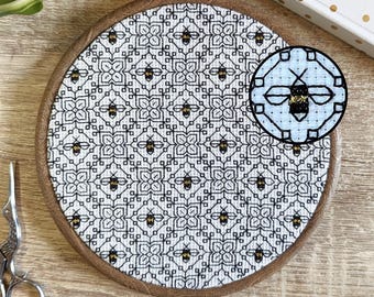 Bee cross stitch Blackwork pattern with repeating flowers | Modern monochrome geometric blackwork embroidery | Gold bumblebee black work