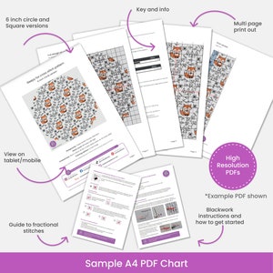 May include: A sample A4 PDF chart for a cross stitch pattern featuring a sleepy fox design. The chart includes a key and info, a guide to fractional stitches, and a multi-page print out. The chart is available in 6-inch circle and square versions. High resolution PDFs are available.
