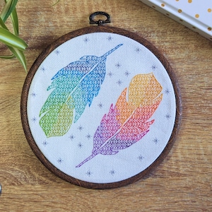 Blackwork Feather Cross Stitch Pattern PDF – Peacock & Phoenix Feathers with Stars | Rainbow Embroidery Chart Download