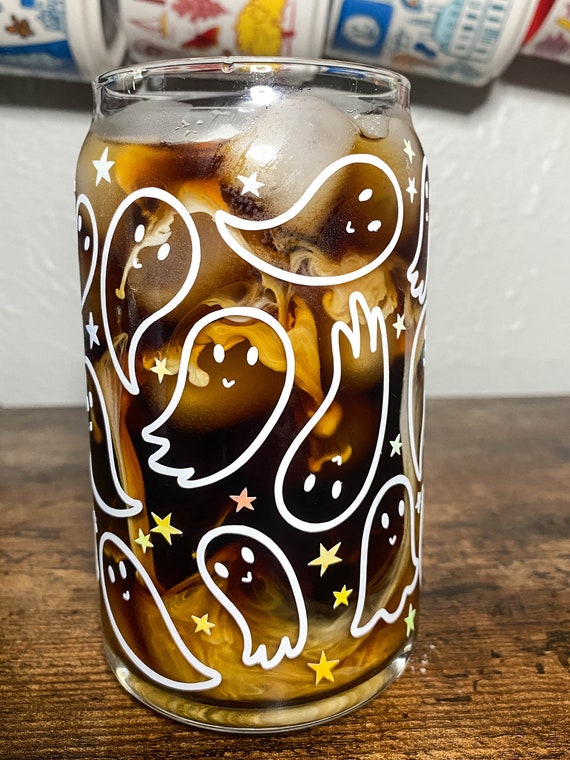 Gleeful Ghosts Iced Coffee Glass || Beer Can Glass || Spooky Coffee Cup || Fall Coffee Cup