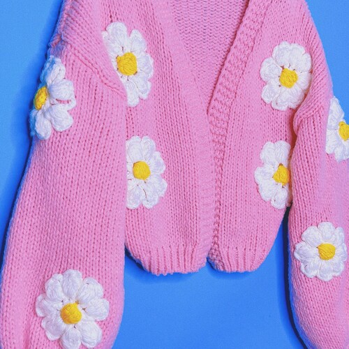 Big White Puff Daisy Flower Open Cardigan Hand Knit Sweater - Etsy