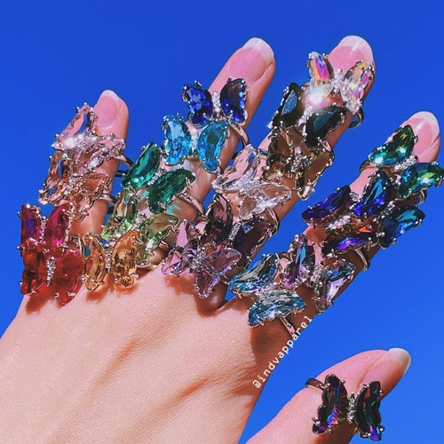 SPINNING GLASS Butterfly Ring / Platinum Plated / Adjustable Etsy