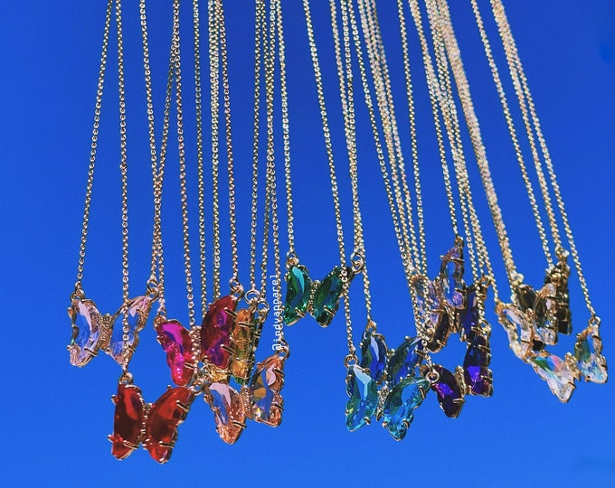 CRYSTAL GLASS Butterfly Necklace / 14K Plated Gold / Statement Etsy