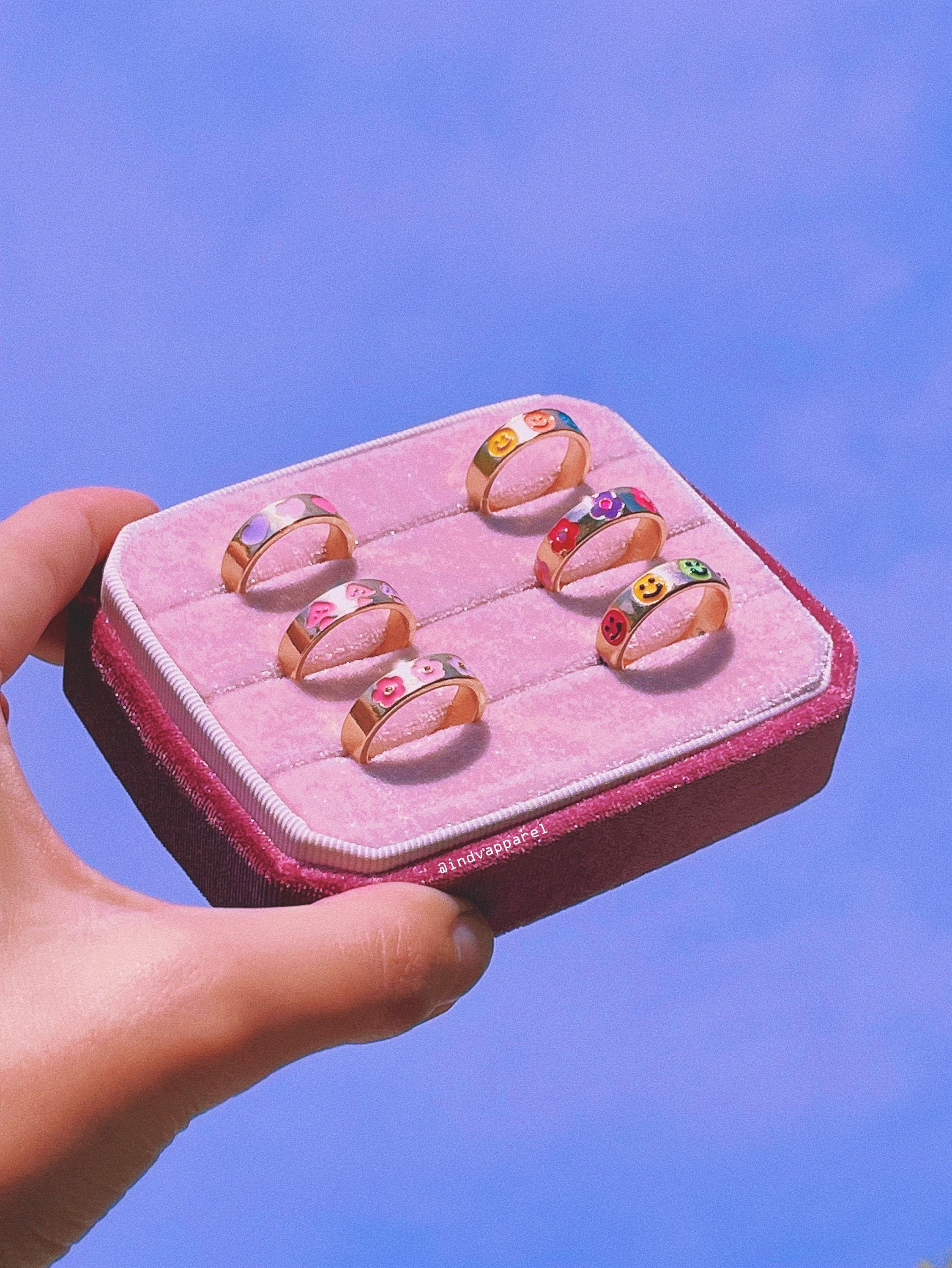 Y2K COLORFUL Rings Bands / Plated 14K Gold / Smiley Heart Mushroom En…