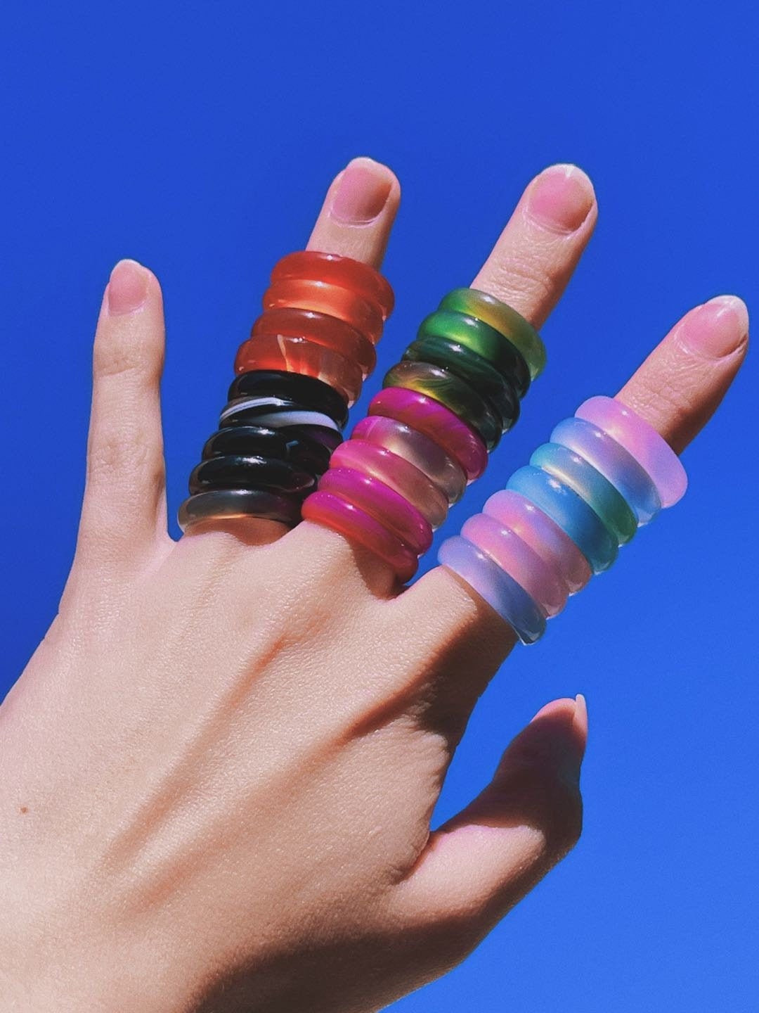 GLASS COLORED Marble Ring / Clear Colorful Band Jewelry / Resin Stack…