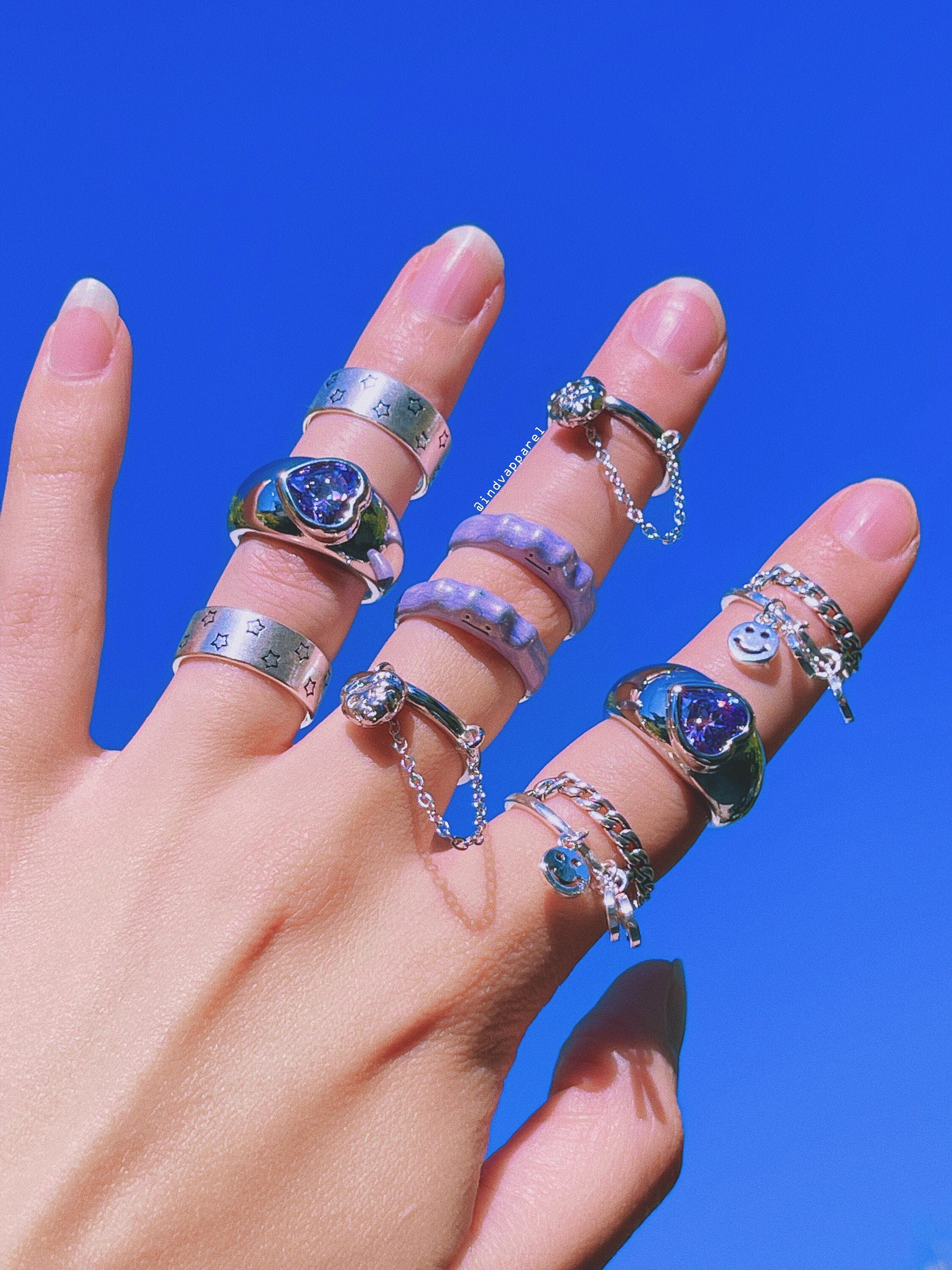 Y2K CHARM Ring & Band Set / Trendy Statement Jewelry Silver Chain / L…