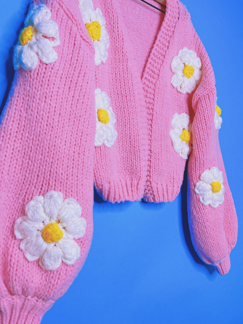 PUFF FLOWER BLOOM Pink Daisy Cardigan / Hand-knitted Knit - Etsy